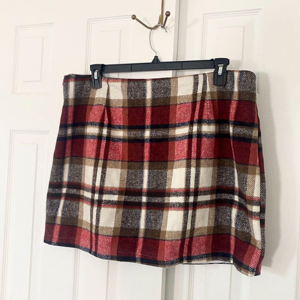 NWT (i) Plus Size 2XL XXL Red Cream Plaid Zipper Fly Tweed Mini Skirt Wool Blend - Picture 3 of 7